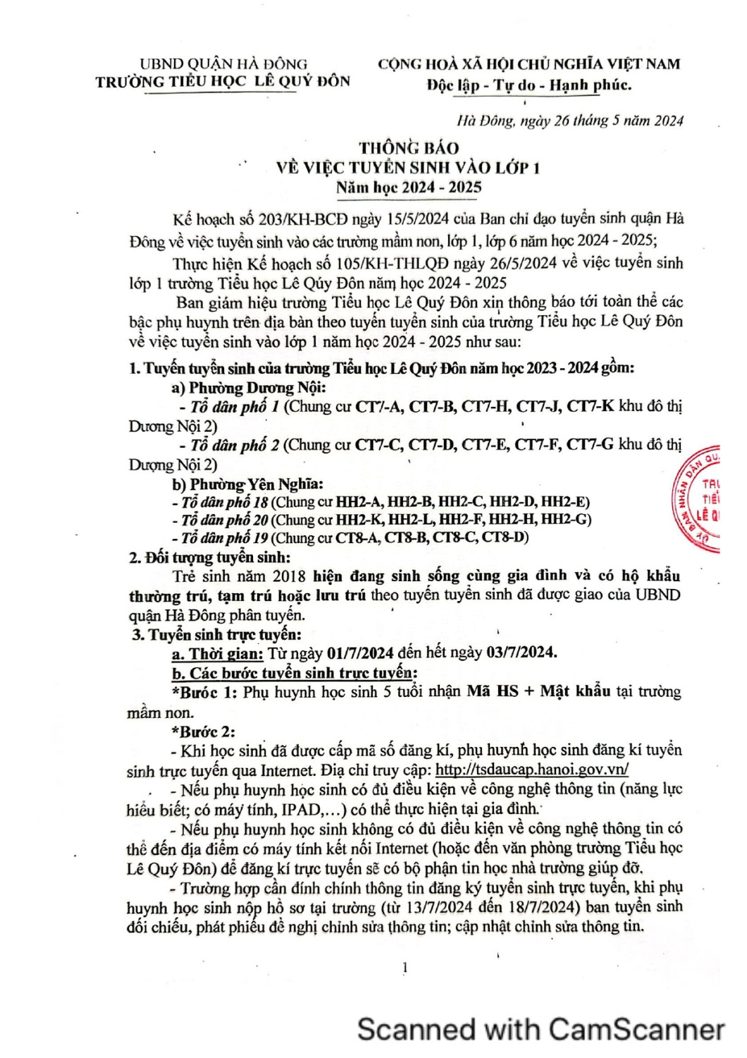 Thông báo về việc tuyển sinh lớp 1 năm học 2024-2025